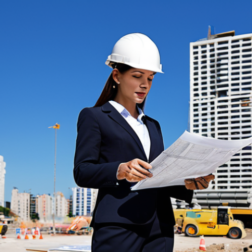 Home 14 "A professional female architect, fully clothed in modest business attire, reviewing blueprints on a construction site in Buenos Aires. Background features modern buildings and a clear blue sky. Perfect anatomy, correct proportions, natural pose, well-formed hands, proper finger count, natural body proportions, professional, safe for work, appropriate content, fully clothed."