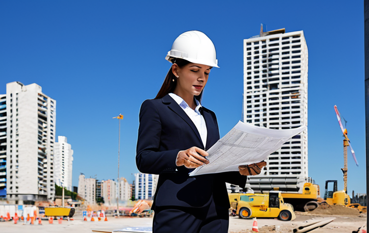 "A professional female architect, fully clothed in modest business attire, reviewing blueprints on a construction site in Buenos Aires. Background features modern buildings and a clear blue sky. Perfect anatomy, correct proportions, natural pose, well-formed hands, proper finger count, natural body proportions, professional, safe for work, appropriate content, fully clothed."