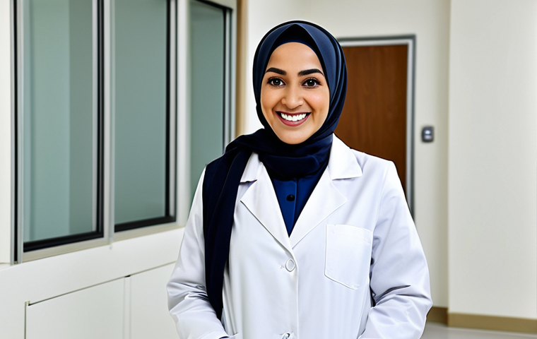 **
"A professional female doctor, fully clothed in a modest white coat and hijab, smiling warmly in a clean, modern hospital setting, appropriate attire, safe for work, perfect anatomy, natural proportions, family-friendly, professional medical photography, high quality."
**
