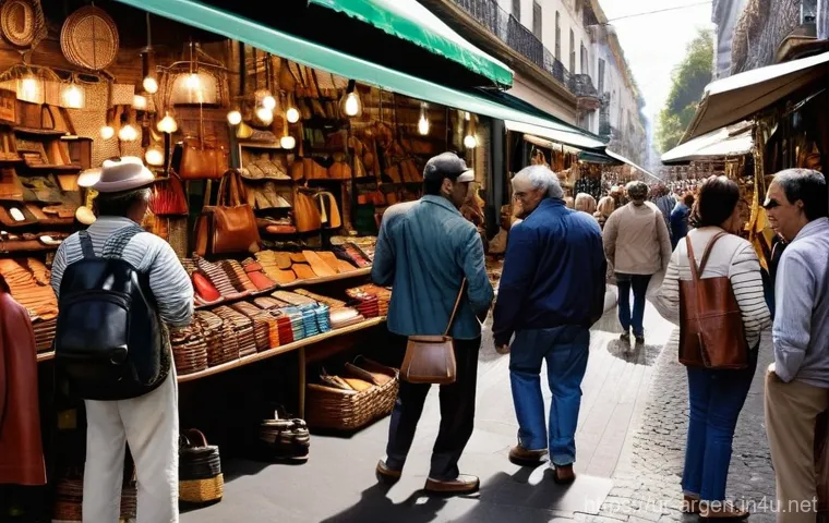 아르헨티나 가죽 제품 쇼핑 가이드 - **Prompt: A bustling, sunlit outdoor market in Buenos Aires, Argentina.** Numerous shoppers, dressed...